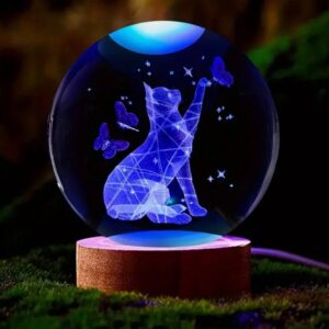 Нічник скляна куля "Котик" 8 см (змінює кольори)