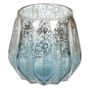 Підсвічник скляний ребристий блакитне срібло 11см