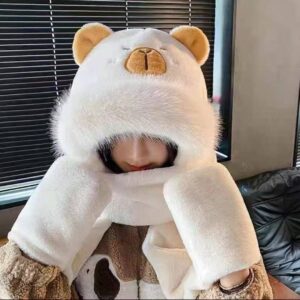 Шапка "Капібара" з екохутра/ плюшева з шарфом-рукавичками біла