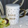 Чашка керамічна "Love" з кришкою та ложкою біла з золотим