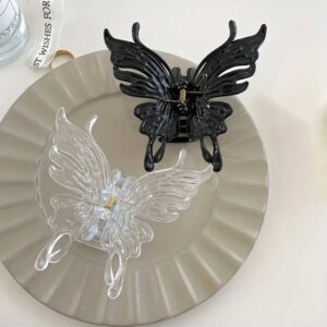 Заколка-краб для волосся "Метелик" пластиковий великий чорний/прозорий 10*10 см