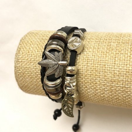 Браслет чоловічий еко-шкіра "Канабіс" на затяжці чорний