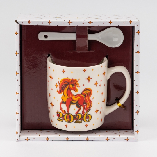 Чашка керамічна "Вогняний кінь 2026" з ложкою 200 мл