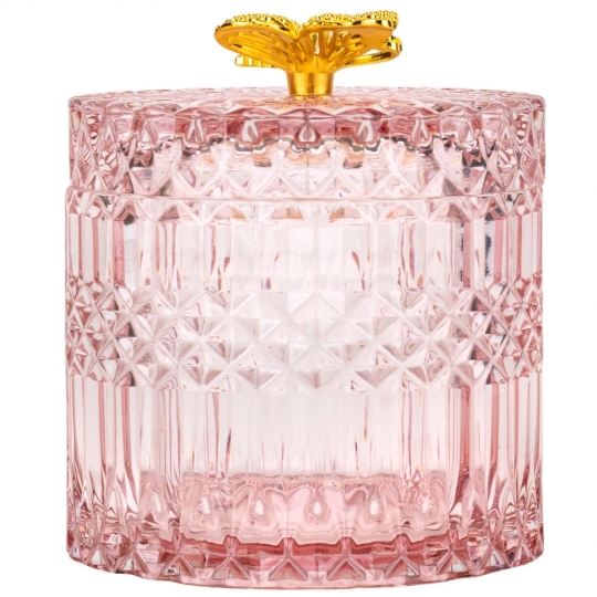 Шкатулка скляна "Золотий метелик" рожева 10,5 см
