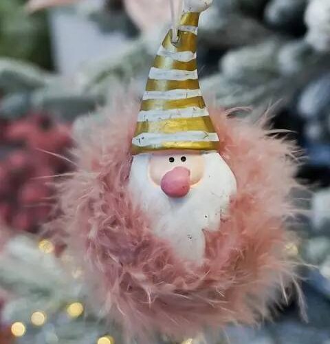 Ялинкова прикраса "Пухнастий Дід Мороз" рожева