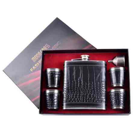 Набір чоловічий подарунковий "Крокодил" Moongrass 6 в1 (фляга/ чарки/ лійка) чорний