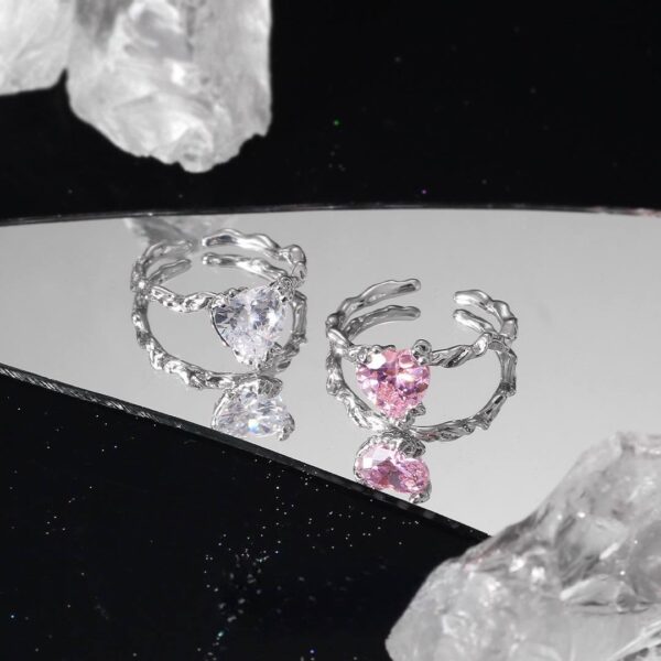 Каблучка жіноча "Серце кристал" білий/ рожевий геометрична срібна (10557)