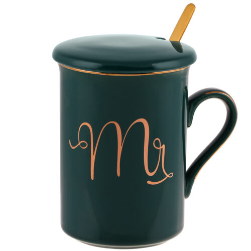 Чашка фарфорова "Mr" з кришкою та золотою ложкою 380мл зелений із золотим