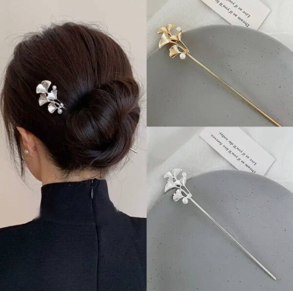 Шпилька-паличка для волосся 1 шт металева "Гінкго" золота / срібна