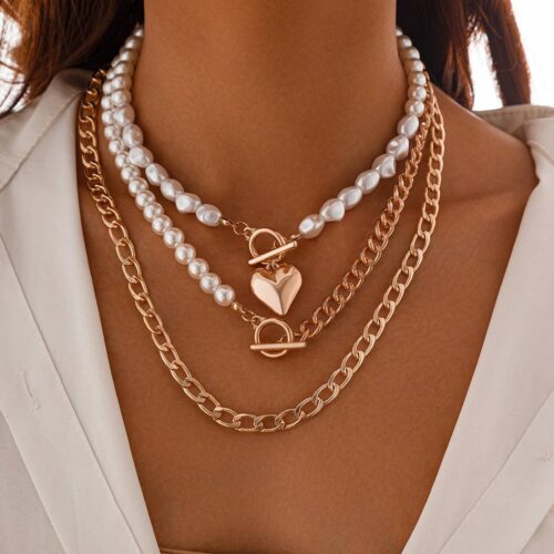 Намисто-Чокер/ Кольє "Серце" потрійне ланцюжки з перлами золотий