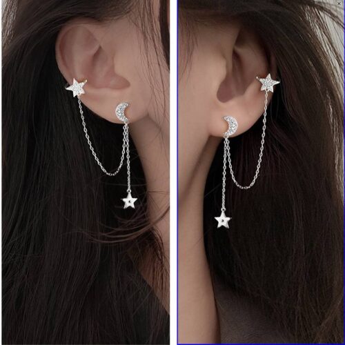 Сережки-моностиль металеві "Місяць-зірки" срібні з ланцюжком (10229)