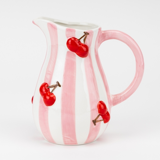 Ваза керамічна "Червоні вишеньки" 20 см рожева в полоску