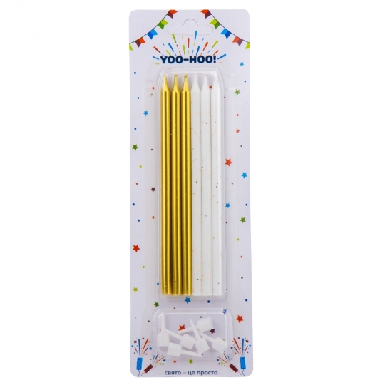 Набір свічок для торта "Олівець" Yoo-Hoo золоті-біліі 13 см 6 шт