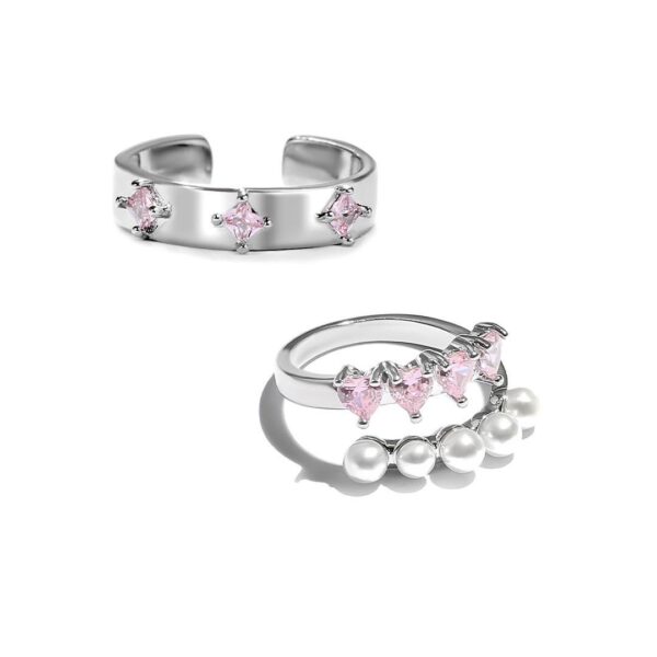 Каблучка жіноча геометрична рожевими кристалами серця/ перлини срібна (10574)