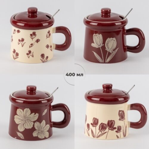 Чашка керамічна "Любов до квітів" 300 мл з кришкою та ложкою мікс дизайнів