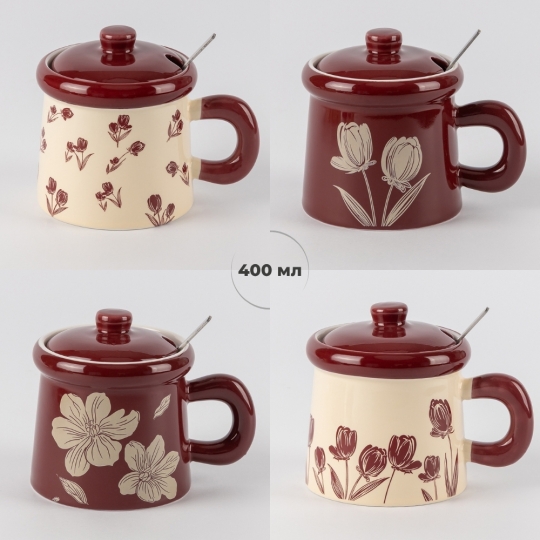 Чашка керамічна "Любов до квітів" 300 мл з кришкою та ложкою мікс дизайнів