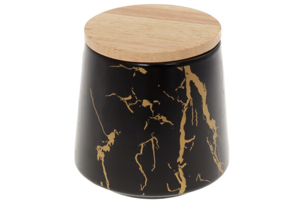 218b355a-7eae-4605-bec5-bc6dc7fbdc27.jpg Банка порцелянова "Мармурова Розкіш" 520 мл з бамб. кришкою чорний із золотом