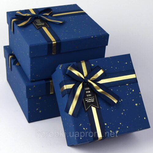 Коробка подарункова квадратна преміум L (19*19*9) синя зі стрічкою