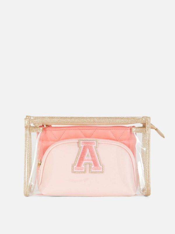 Набір косметичок "Буква" 3 в 1 прозора/рожева стьобана Primark