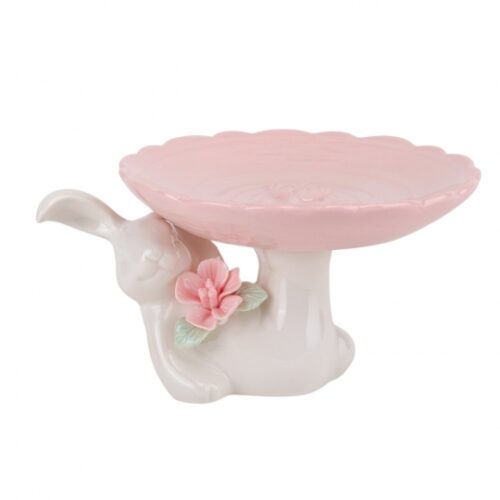 Підставка для торта/ Пасхи керамічна "Кролик з квіткою" 15*18*9 см рожева