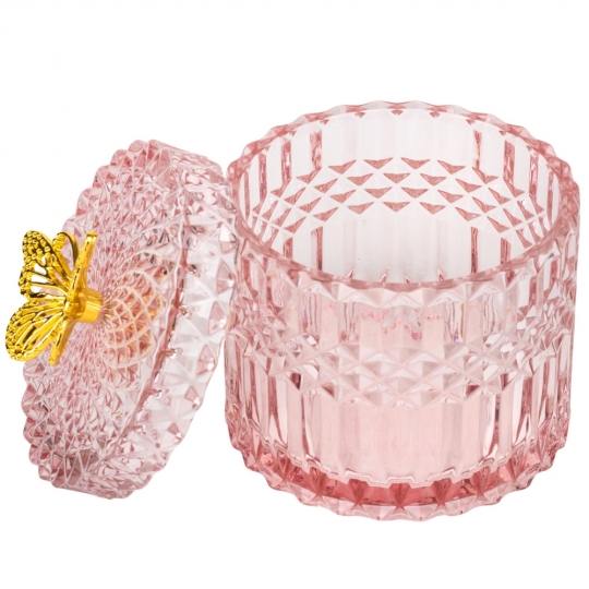 Шкатулка скляна "Золотий метелик" рожева 10,5 см