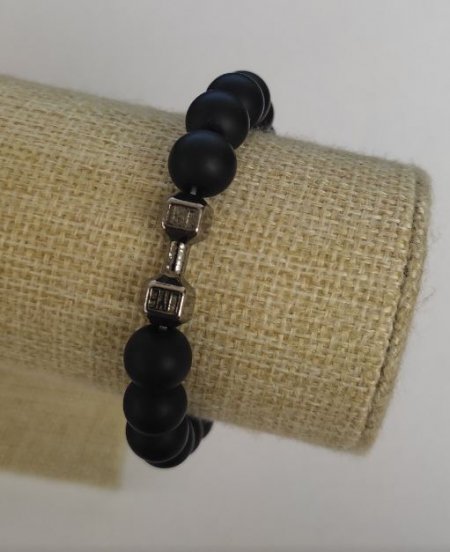 Браслет Шунгіт (іміт.) чорний кулька 10 мм з метал. вставкою "гантеля" стрейч