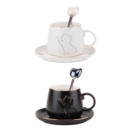 Чашка з блюдцем "Котяче щастя" 200 мл чорна/біла