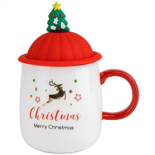 Чашка керамічна Новорічна "Ho-ho-ho" з кришкою та ложечкою (ялинка) 350 мл