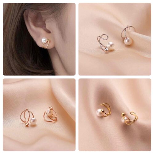 Сережки (без пірсингу) плетені з перлинами золоті/рожеве золото/срібні (7481)