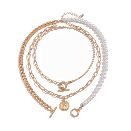Намисто-Чокер/ Кольє потрійне ланцюжки/ перли з кулоном золотий