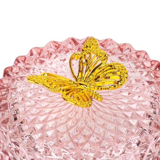 Шкатулка скляна "Золотий метелик" рожева 10,5 см