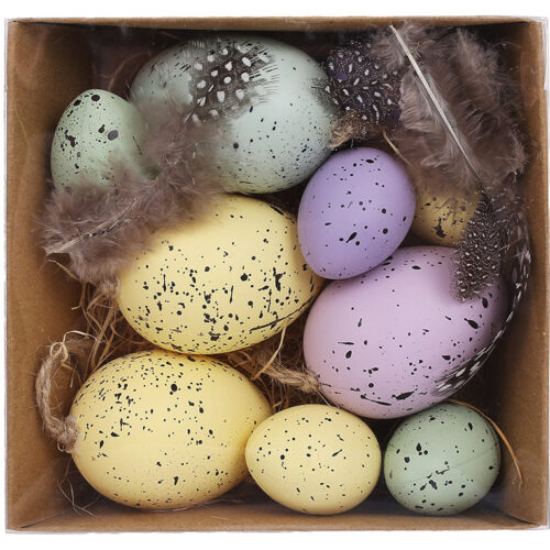 Набір великодніх підвісок "Яйце з пером" (10 шт) 4*6 см/ 3*4 см у коричневій упаковці