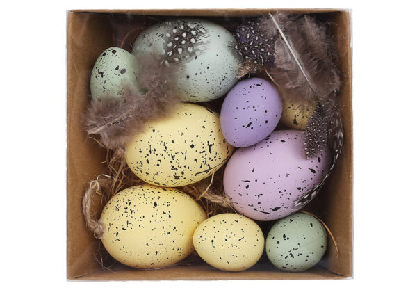 Набір великодніх підвісок "Яйце з пером" (10 шт) 4*6 см/ 3*4 см у коричневій упаковці