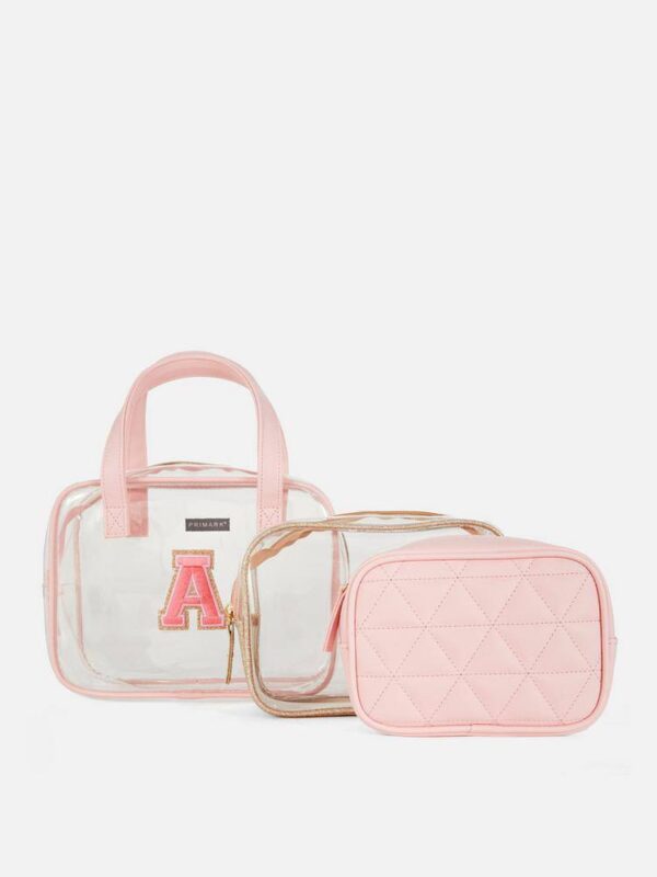 Набір косметичок "Буква" 3 в 1 прозора/рожева стьобана Primark з ручками