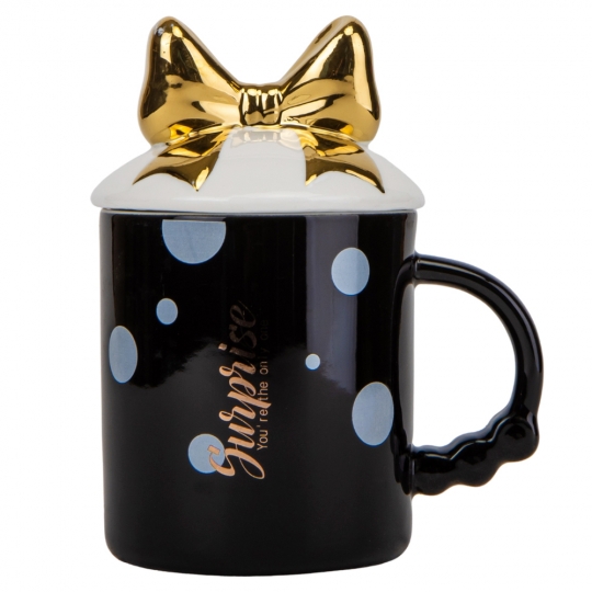 4892337d-cfe2-4d9d-bb01-54e1d7570d10.jpg Чашка фарфорова "Золотий бантик" з кришкою та ложкою, 350 мл чорна/біла