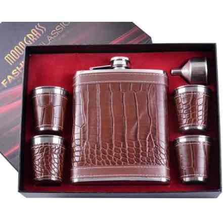 Набір чоловічий подарунковий "Крокодил" Moongrass 6 в1 (фляга/ чарки/ лійка) коричневий