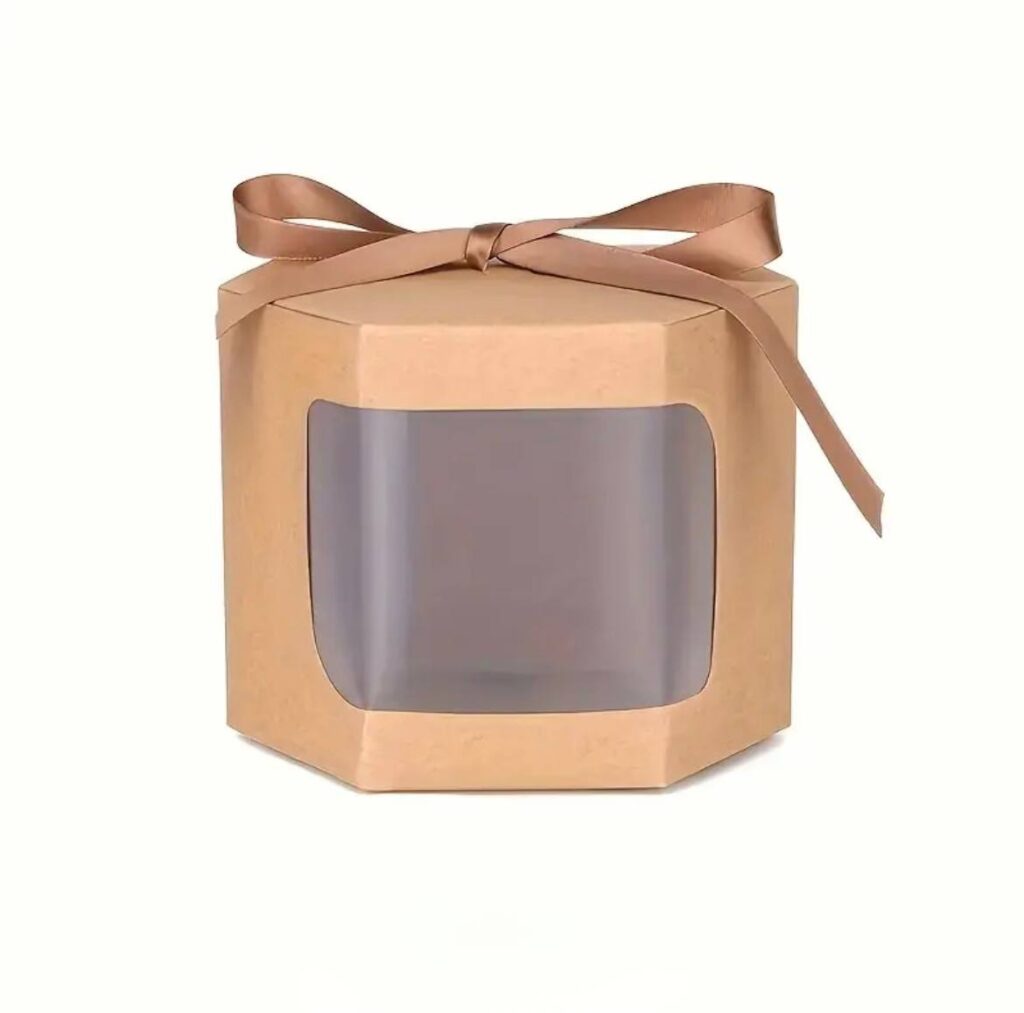 Коробка подарункова 7*7*7 см складна з віконцем та стрічкою беж