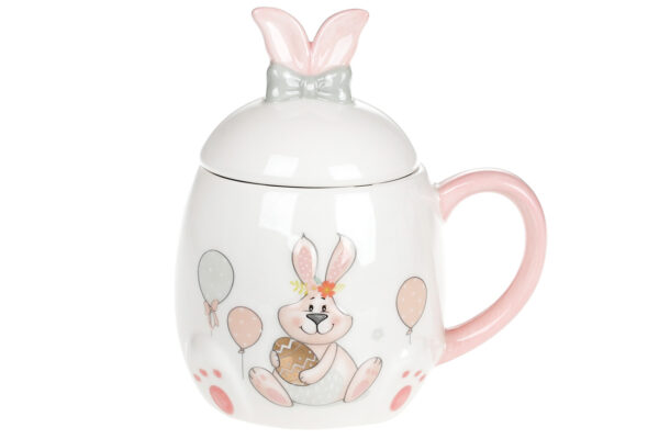 Чашка керамічна "Веселий кролик" з кришкою 450 мл біло-рожева