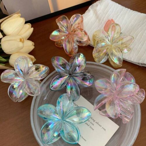 Заколка-краб для волосся «Тропічна квітка» M (7-8 см) прозора райдужна 1 шт