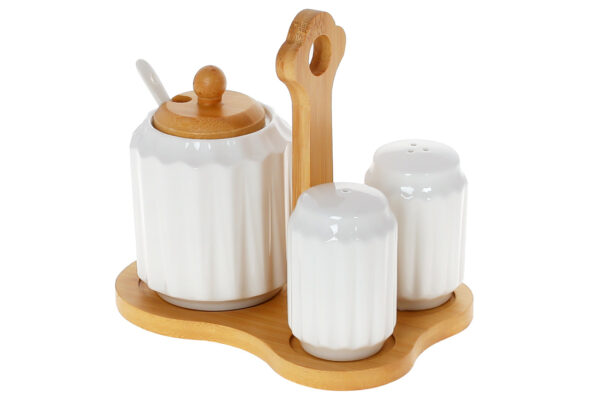 Набір для спецій "Naturel": сіль/перець та цукорниця 300 мл з ложкою на бамбуковій підставці