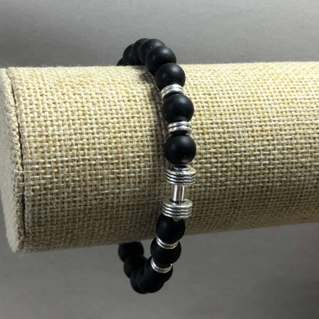 Браслет Шунгіт іміт. із вставкою "гантеля" чорний 8 мм стрейч