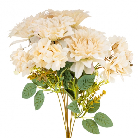 Штучний букет “Квітковий ансамбль” (6 жоржин і 3 гортензії) кремовий 45 см