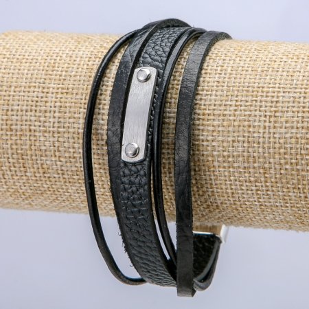 Браслет чоловічий чорна еко-шкіра s-11мм срібляста вставка