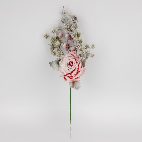 Декоративна гілка "Засніжена троянда" червона 46 см