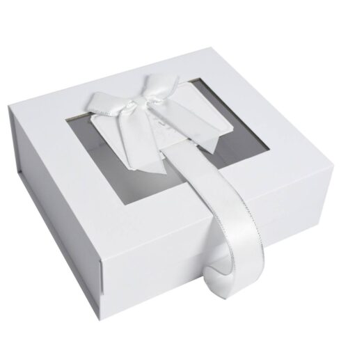 Коробка подарункова складна з віконцем та стрічкою біла 20*18*8 см