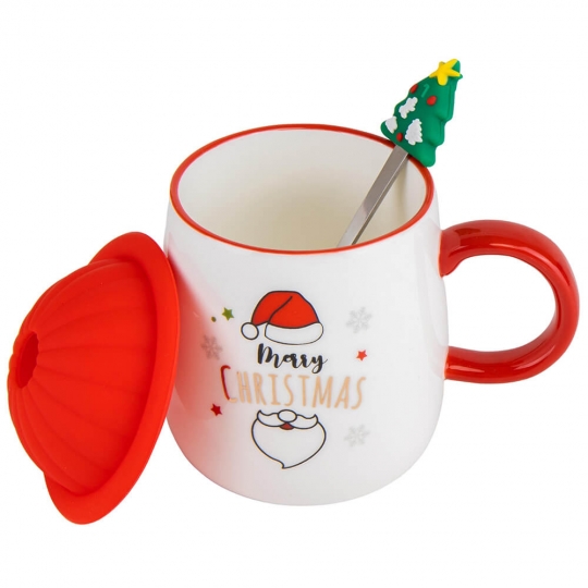 Чашка керамічна Новорічна "Ho-ho-ho" з кришкою та ложечкою (ялинка) 350 мл