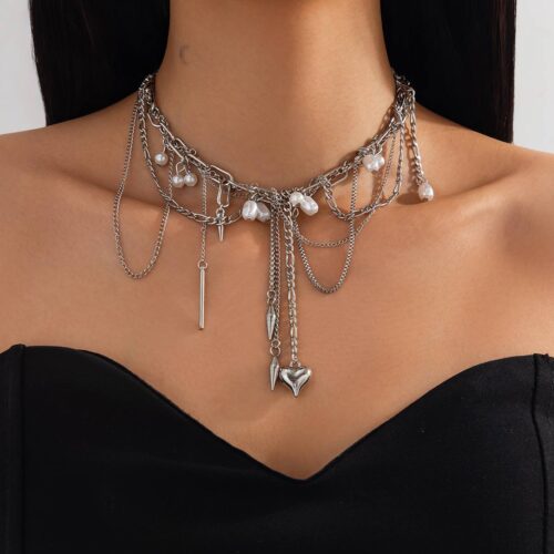 Намисто-Чокер/ Кольє ланцюг з підвісками та перлами срібний