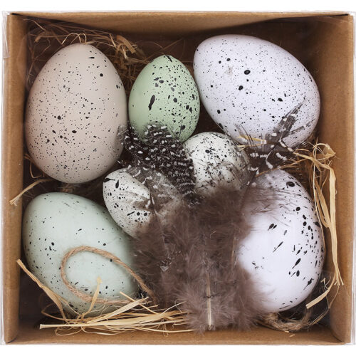 Набір великодніх підвісок "Яйце з пером" (8 шт) 4*6 см/ 3*4 см у коричневій упаковці