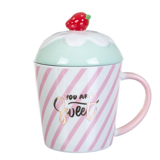 Чашка керамічна "Панкейк" з кришкою мікс кольорів 300 мл