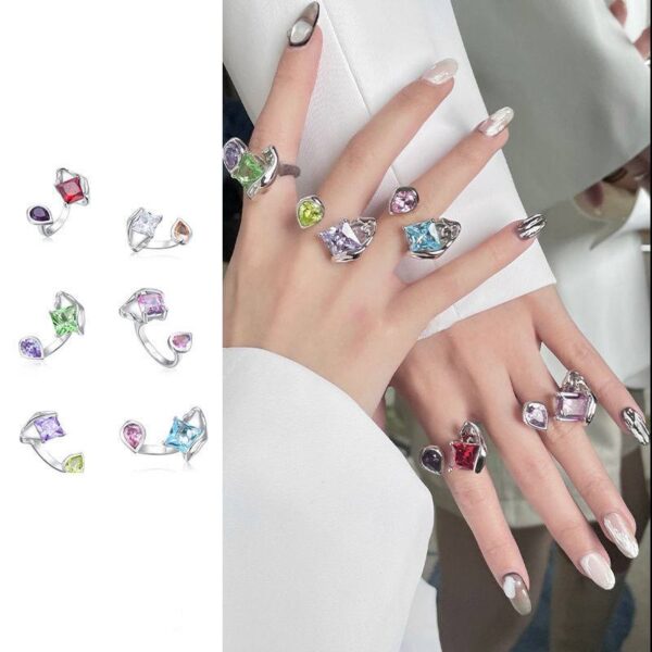 Каблучка жіноча "Дует кристалів" абстрактна срібна (10437)